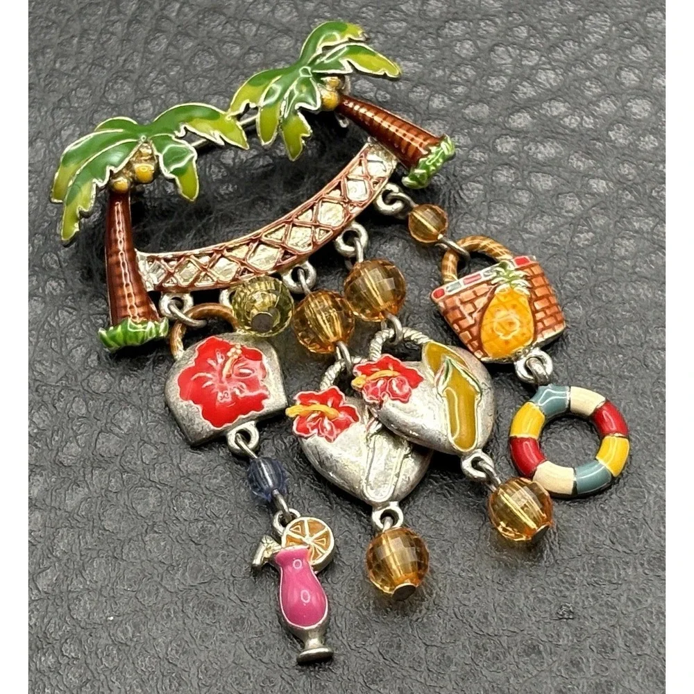 Vintage Silver Tone Tropical Enamel Charm Dangle Brooch Pin Beach Vacation